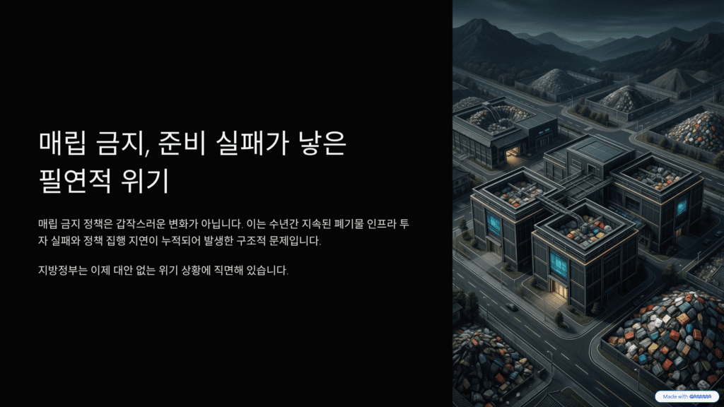 쓰레기 문제를 설명하는 이미지입니다. 매립 금지 정책에 따른 필연적 위기를 나타냅니다.