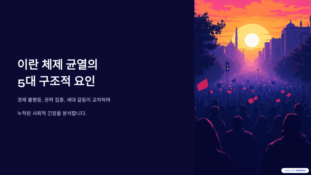 이란 체제 균열의 구조적 요인을 설명하는 이미지입니다. 