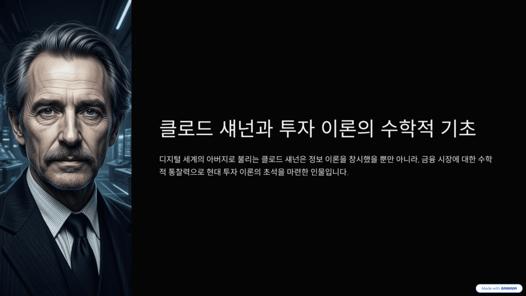 클로드 섀넌의 투자 이론과 수학적 기초를 설명한 이미지입니다. 