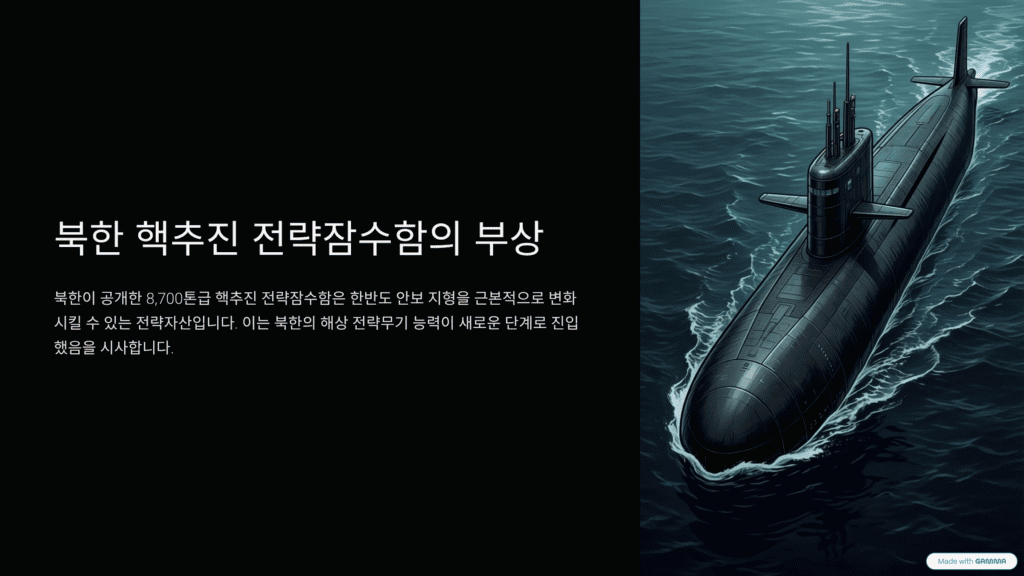 북한 8,700톤급 핵잠수함 공개의 의미를 설명한 이미지입니다. 