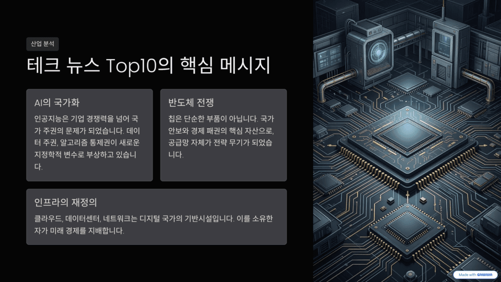 2025년 하반기 테크 산업의 흐름을 정리한 이미지입니다. 핵심 메시지를 나타냅니다. 
