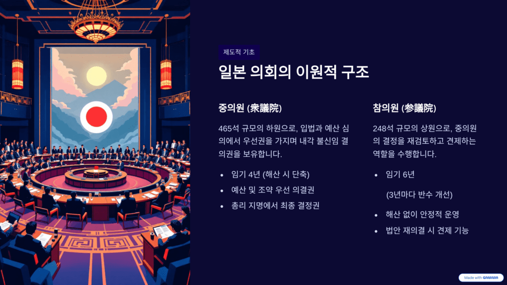 다카이치 일본 의회 해산을 설명한 이미지입니다. 양원제를 설명합니다. 