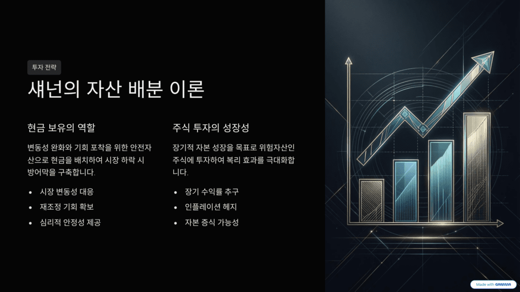 클로드 섀넌의 투자 이론과 수학적 기초를 설명한 이미지입니다. 재산 배분 이론을 나타냅니다. 