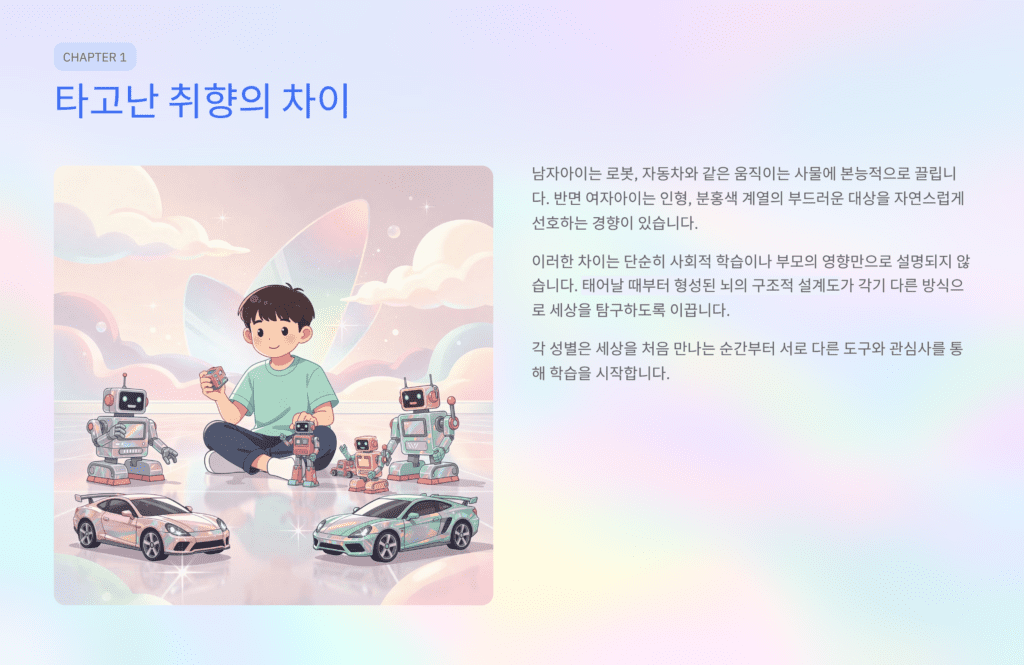 성별에 따른 아동 발달의 차이를 나타낸 이미지입니다. 본능적 차이입니다.