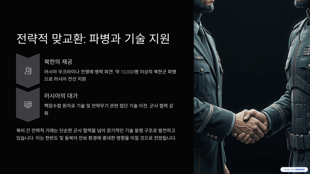 북한 8,700톤급 핵잠수함 공개의 의미를 설명한 이미지입니다. 우크라이나전 파병과 관련한 설명입니다. 