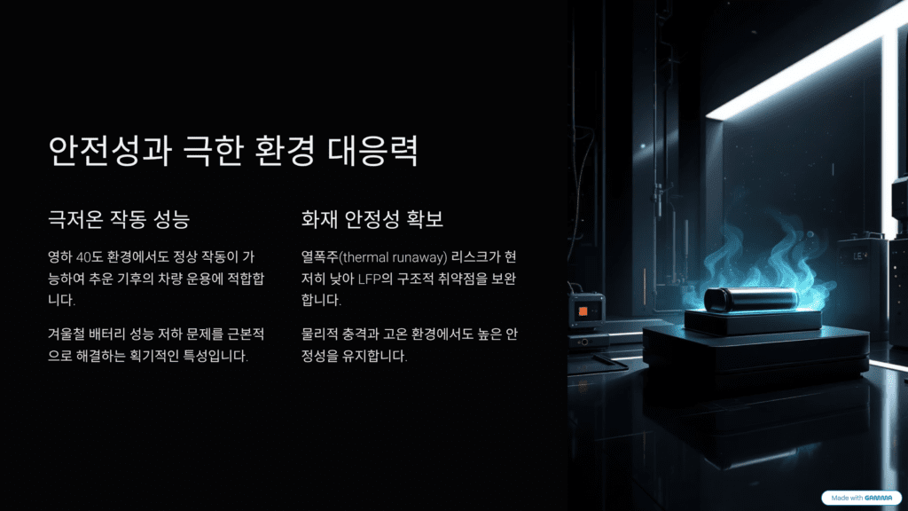 나트륨 배터리의 진화를 설명하는 이미지입니다. 안정성과 온도 내구성을 설명합니다. 