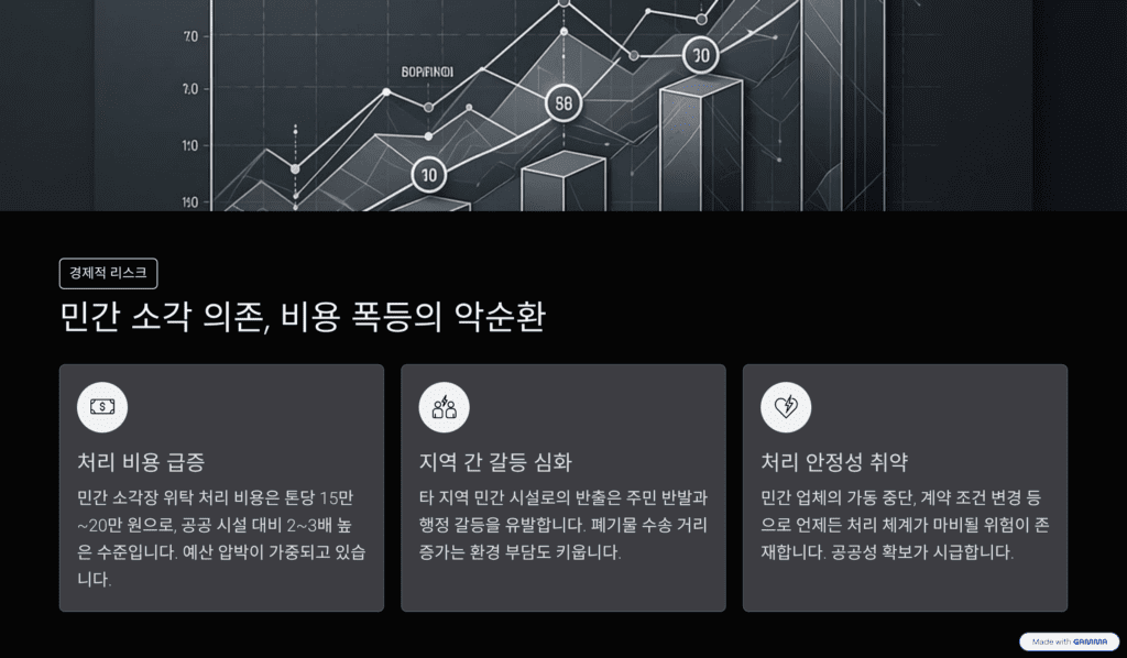 쓰레기 문제를 설명하는 이미지입니다. 매립 정책에 따른 필연적 위기를 나타냅니다. 민간 소각에 의존하여 비용 폭등을 설명합니다.