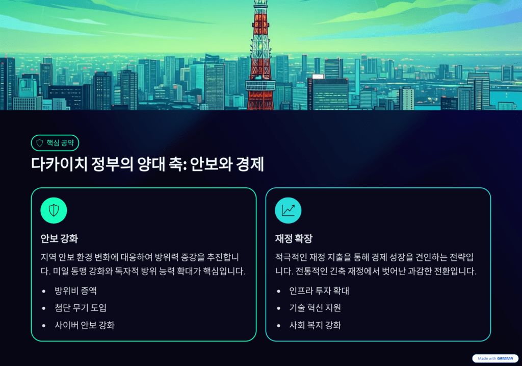 다카이치의 중의원 해산을 나타낸 이미지입니다. 공약을 설명합니다. 