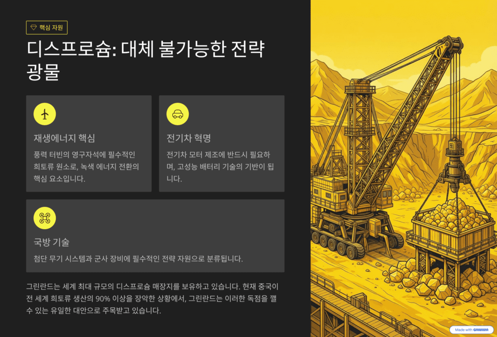 그린란드, 세계 패권의 중심으로 자리잡은 이미지입니다. 대체 불가능한 전략 광물인 디스프로슘을 설명합니다. 