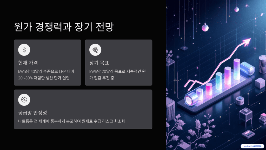 나트륨 배터리의 진화를 설명하는 이미지입니다. 가격 경쟁력과 산업 구조 변화를 설명합니다. 