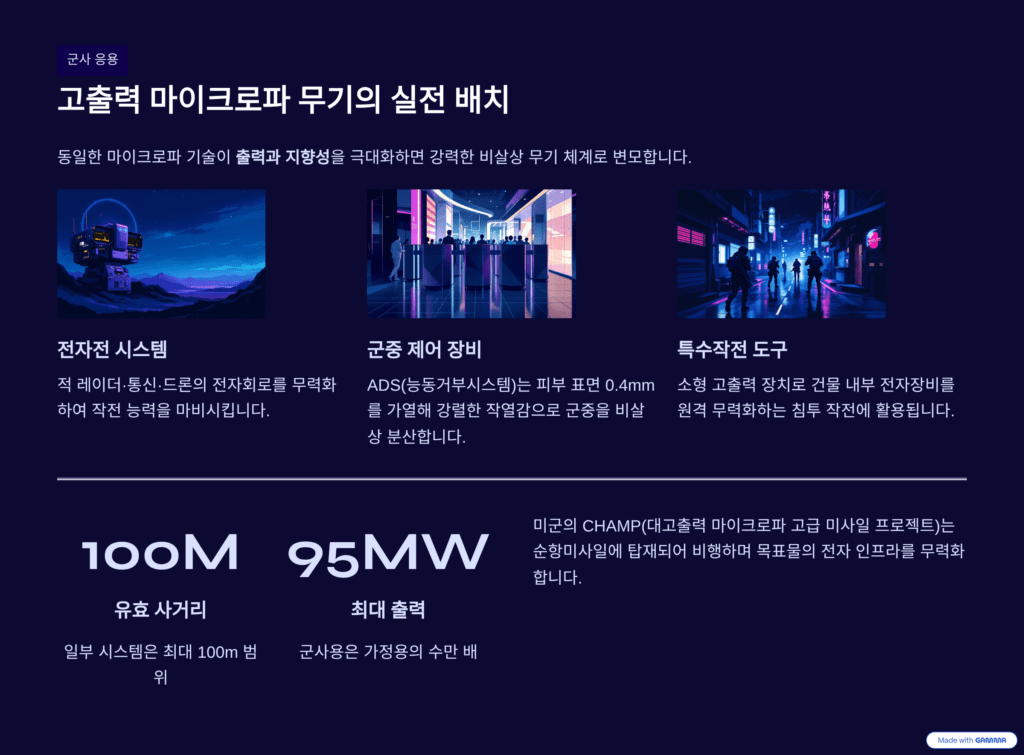 마이크로파를 이용한 전자레인지와 무기를 설명하는 이미지입니다. 무기를 설명합니다. 