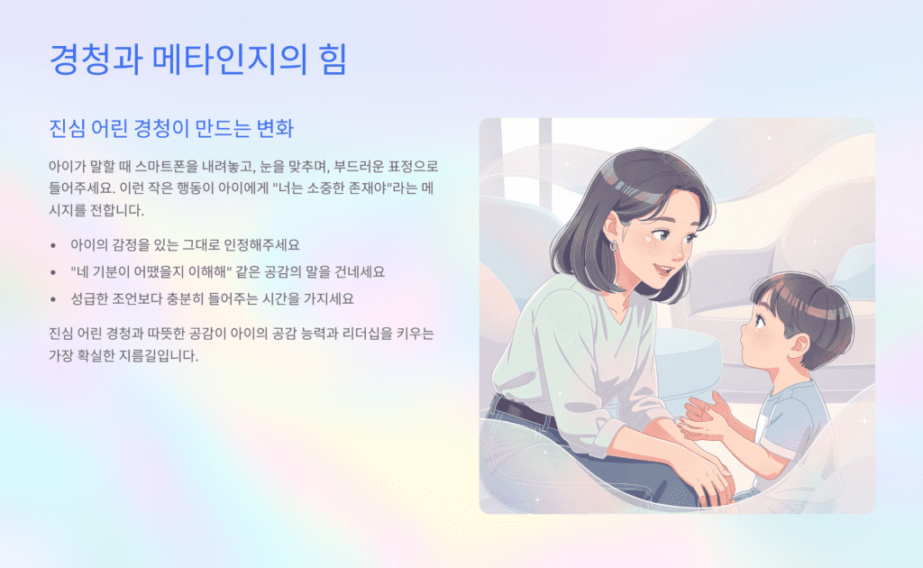 아이 마음을 여는 자존감 높이는 부모 대화법 이미지입니다. 경청과 비언어적 대화입니다. 