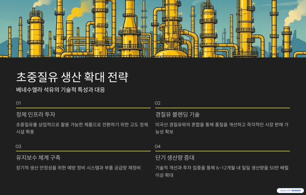 트럼프의 베네수엘라 개입 선언을 설명한 이미지입니다. 초중질유 생산 확대 전략을 나타냅니다.