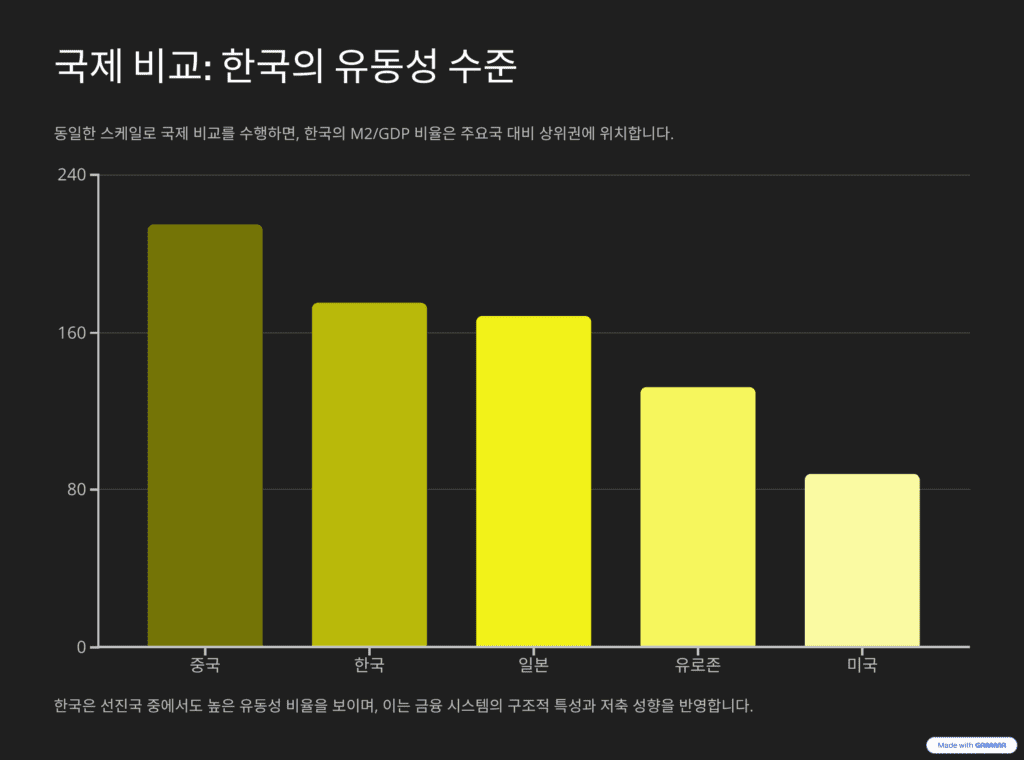 M2/GDP 비율을 설명하는 이미지입니다. 국제비교로 한국의 유동성 수준을 보여줍니다.