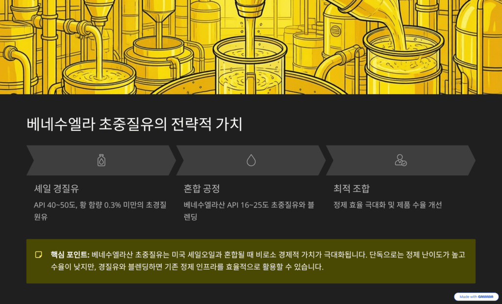 글로벌 유가 시장의 변화를 나타낸 이미지입니다. 베네수엘라 초중질유의 전략적 가치를 나타냅니다. 