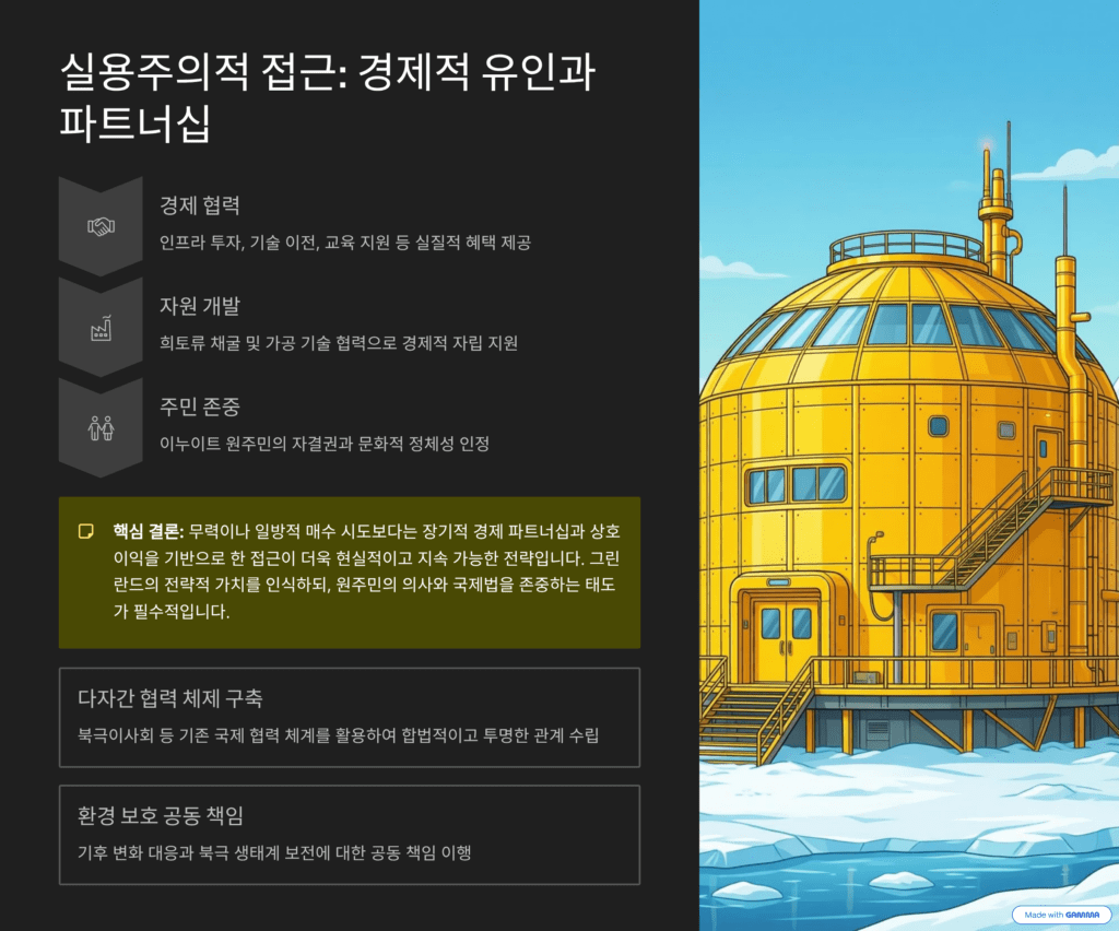 그린란드, 세계 패권의 중심으로 자리잡은 이미지입니다. 실용주의적 접근법을 설명합니다. 