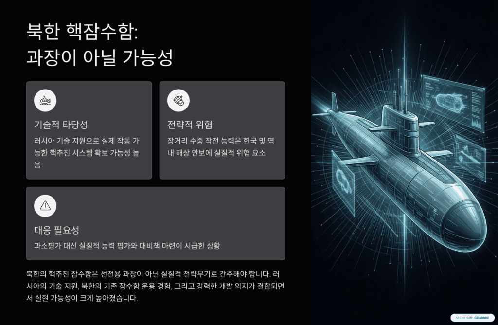 북한 8,700톤급 핵잠수함 공개의 의미를 설명한 이미지입니다. 과장이 아닐 가능성을 설명합니다. 