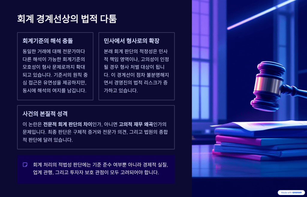 분식회계 논란 핵심 쟁점을 설명한 이미지입니다. 회계기준과 법적 다툼의 경계를 나타냅니다. 