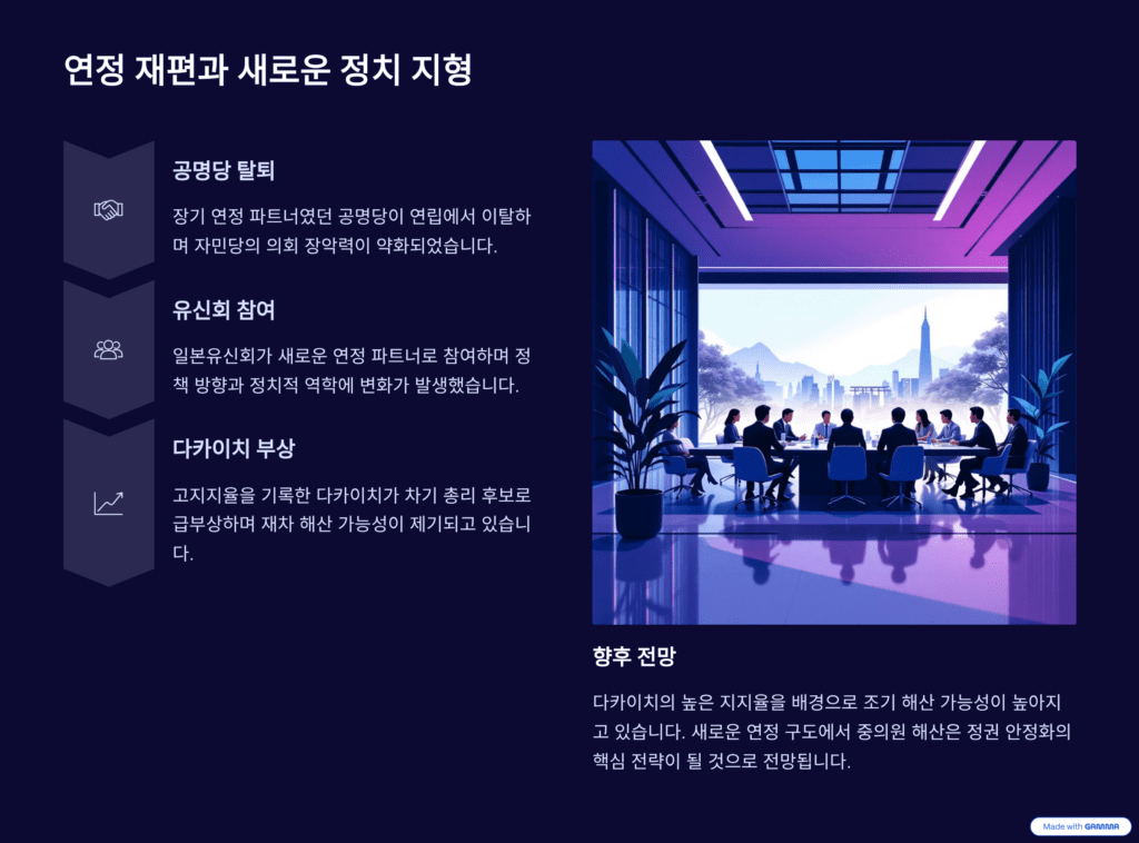 다카이치 일본 의회 해산을 설명한 이미지입니다. 유신회와 공명당을 설명합니다. 