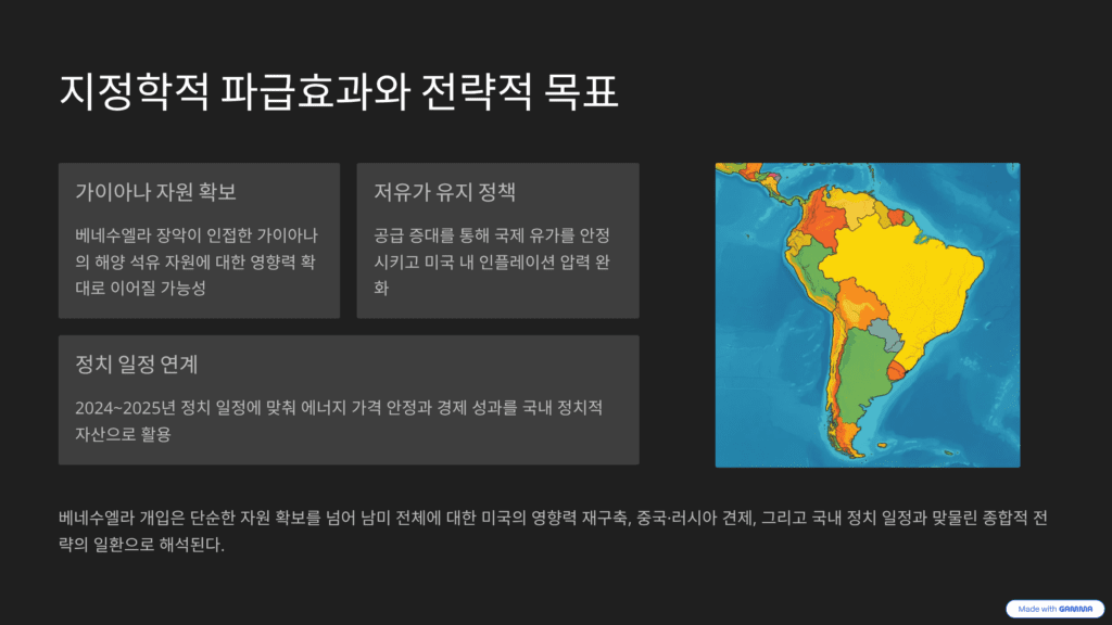 트럼프의 베네수엘라 개입 선언을 설명한 이미지입니다. 가이아나 자원 확보를 설명합니다. 