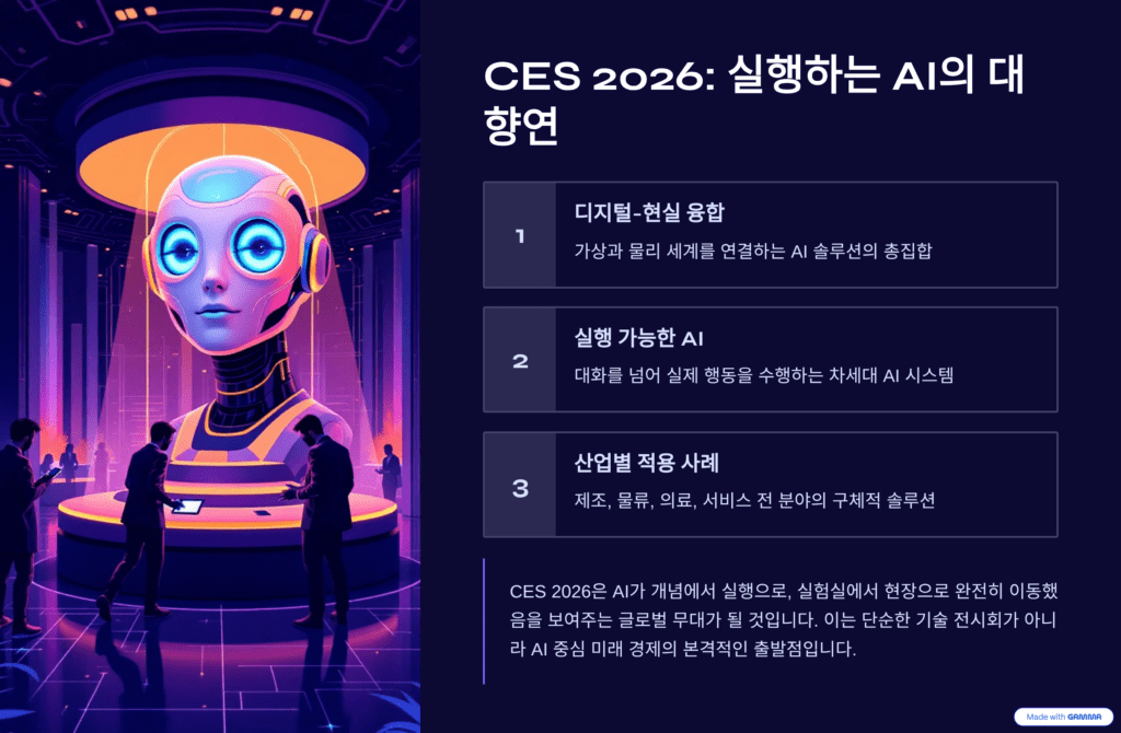 AI의 진화, 대화에서 행동으로를 설명하는 그림입니다. CES 2026을 요약합니다. 